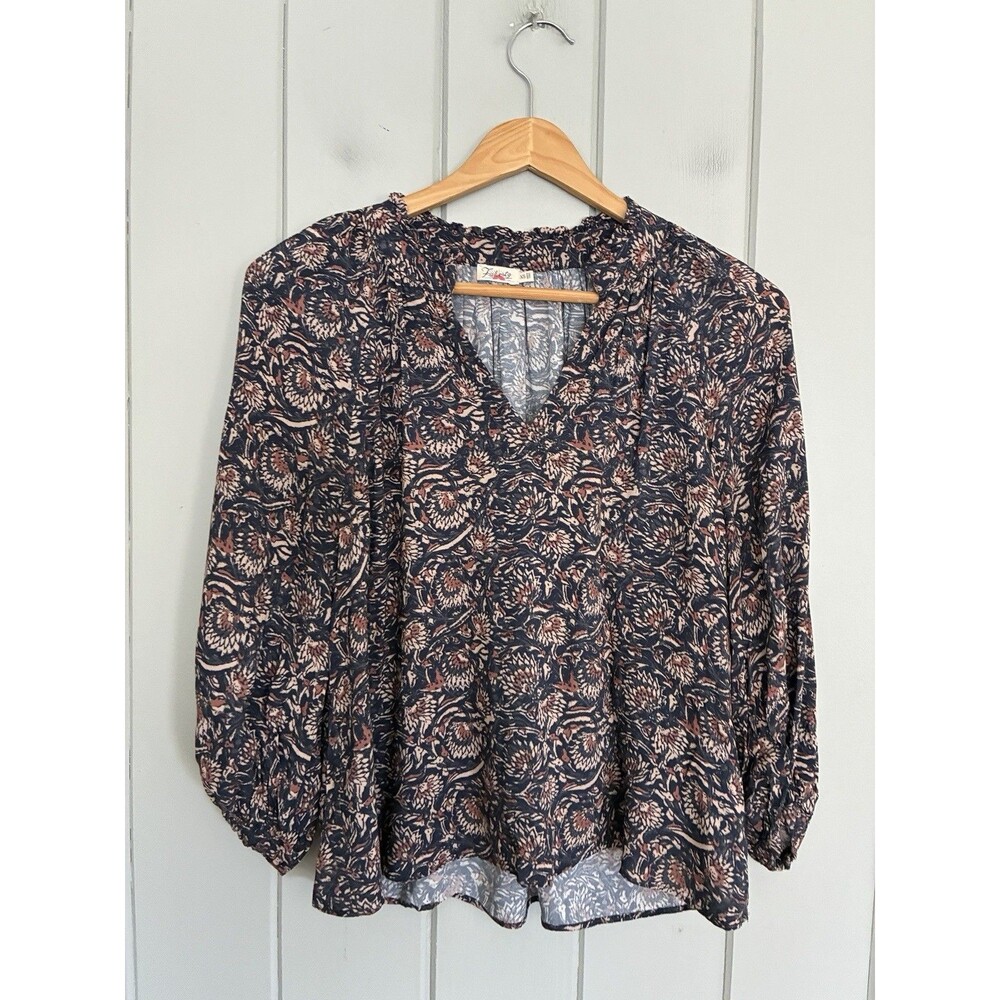 Faherty Floral Portia Fiona 3/4 Sleeve Split Neck Peasant Top XS Blue Pink